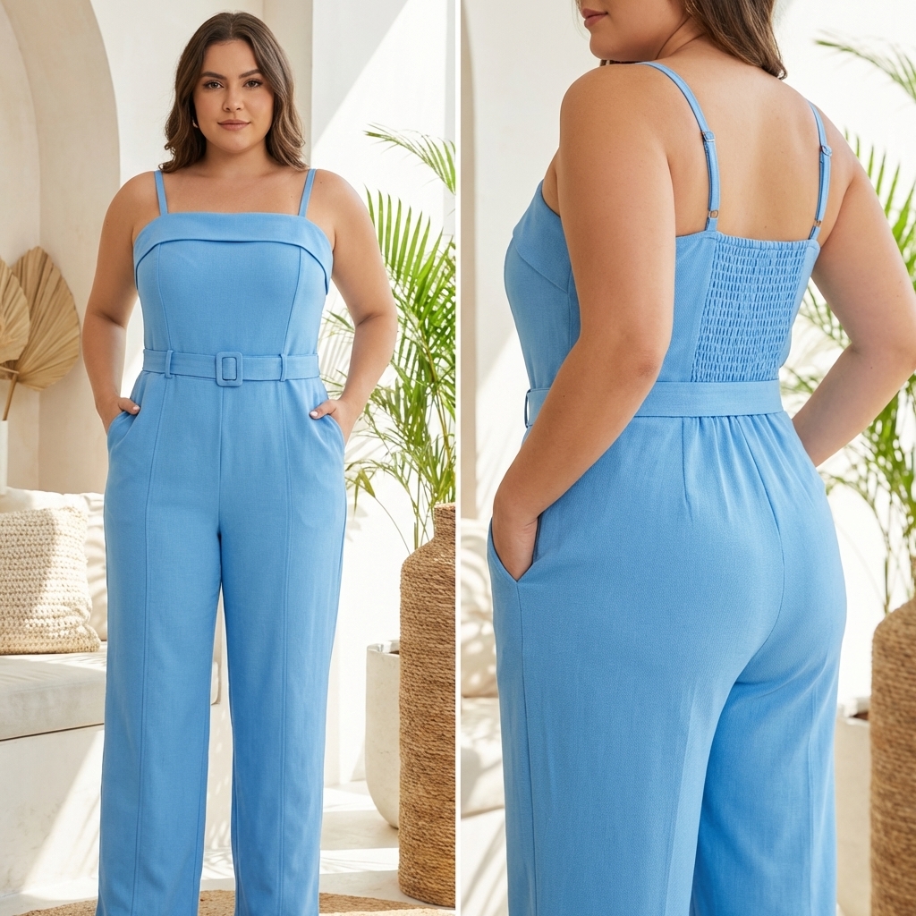 Macacão Feminino Plus Size em Alfaiataria com Cinto e Alças Reguláveis Elegante