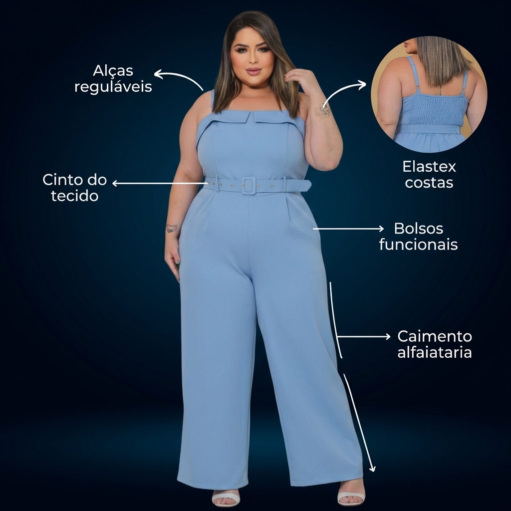 Macacão Feminino Plus Size em Alfaiataria com Cinto e Alças Reguláveis Elegante