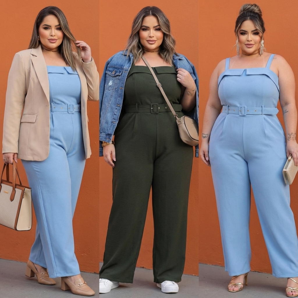 Macacão Feminino Plus Size em Alfaiataria com Cinto e Alças Reguláveis Elegante