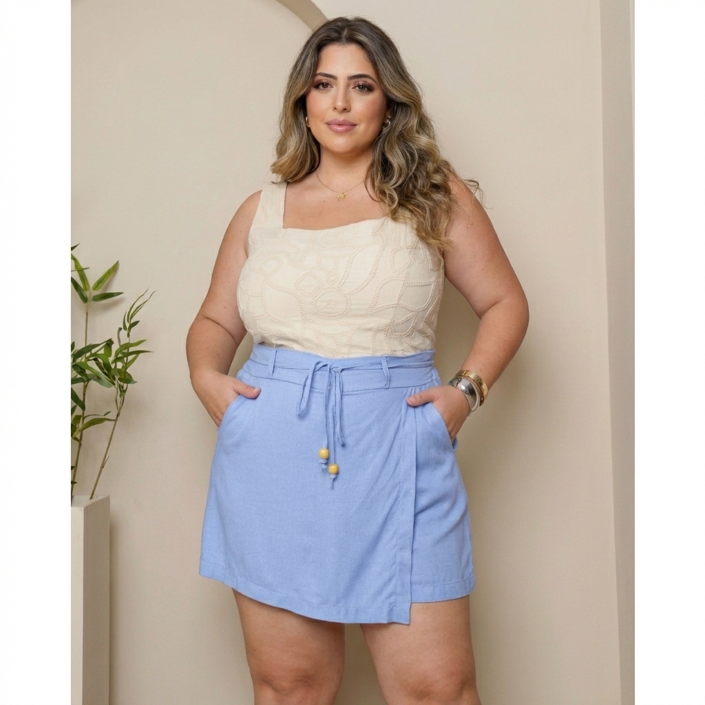 Short Saia Plus Size em Linho Cintura Alta com Cinto e Bolsos – Modelo Alfaiataria Imperia