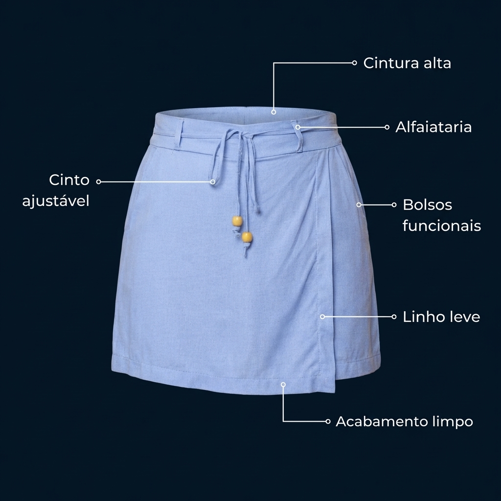 Short Saia Plus Size em Linho Cintura Alta com Cinto e Bolsos – Modelo Alfaiataria Imperia