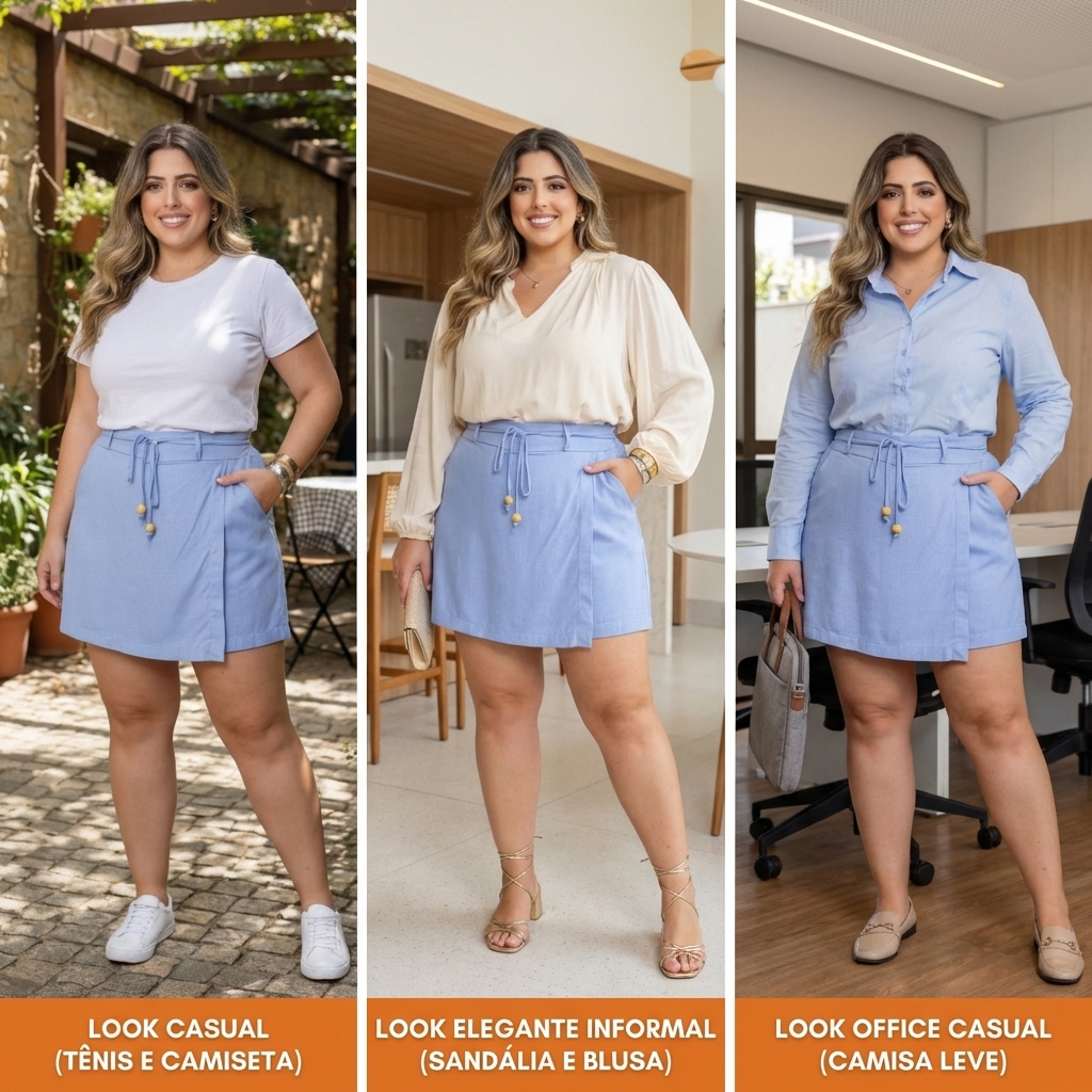 Short Saia Plus Size em Linho Cintura Alta com Cinto e Bolsos – Modelo Alfaiataria Imperia