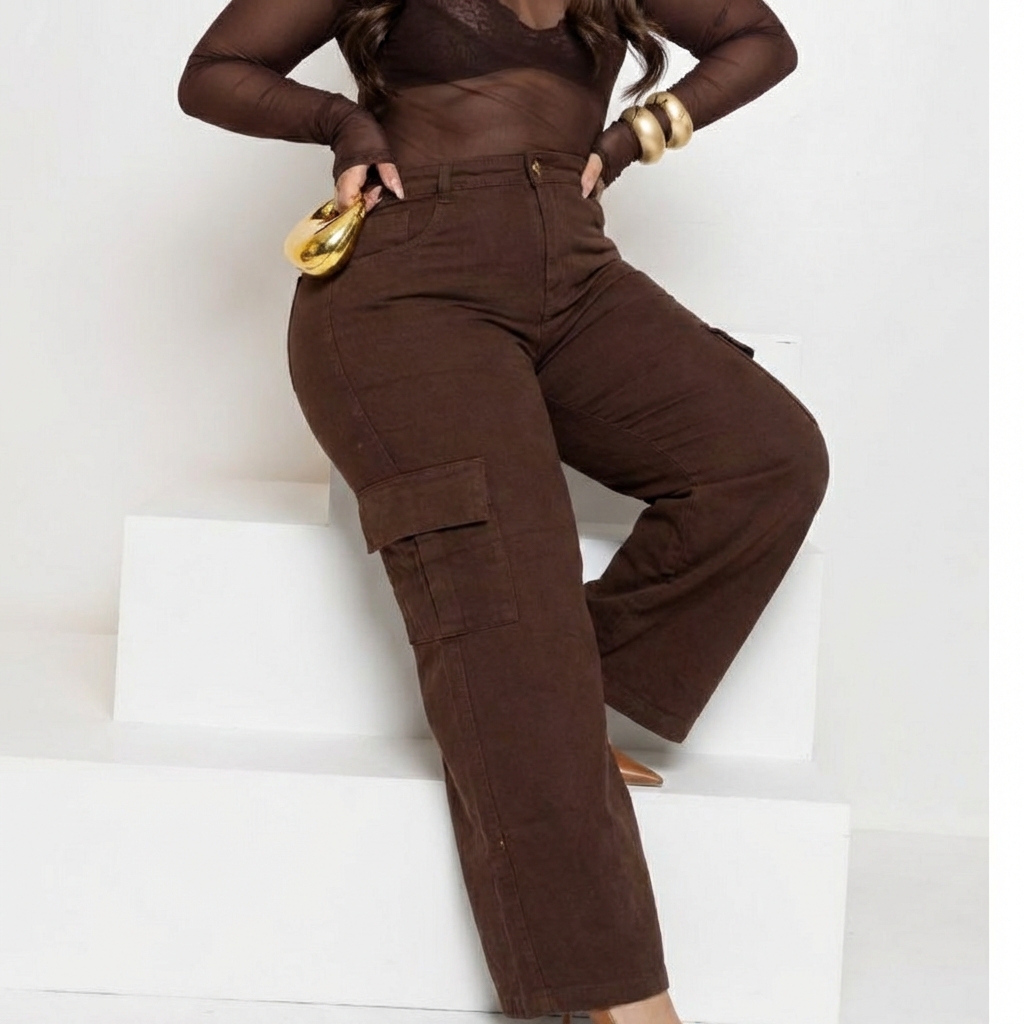 Calça Jeans Wide Leg Cargo Feminina Plus Size Marrom em Algodão Premium