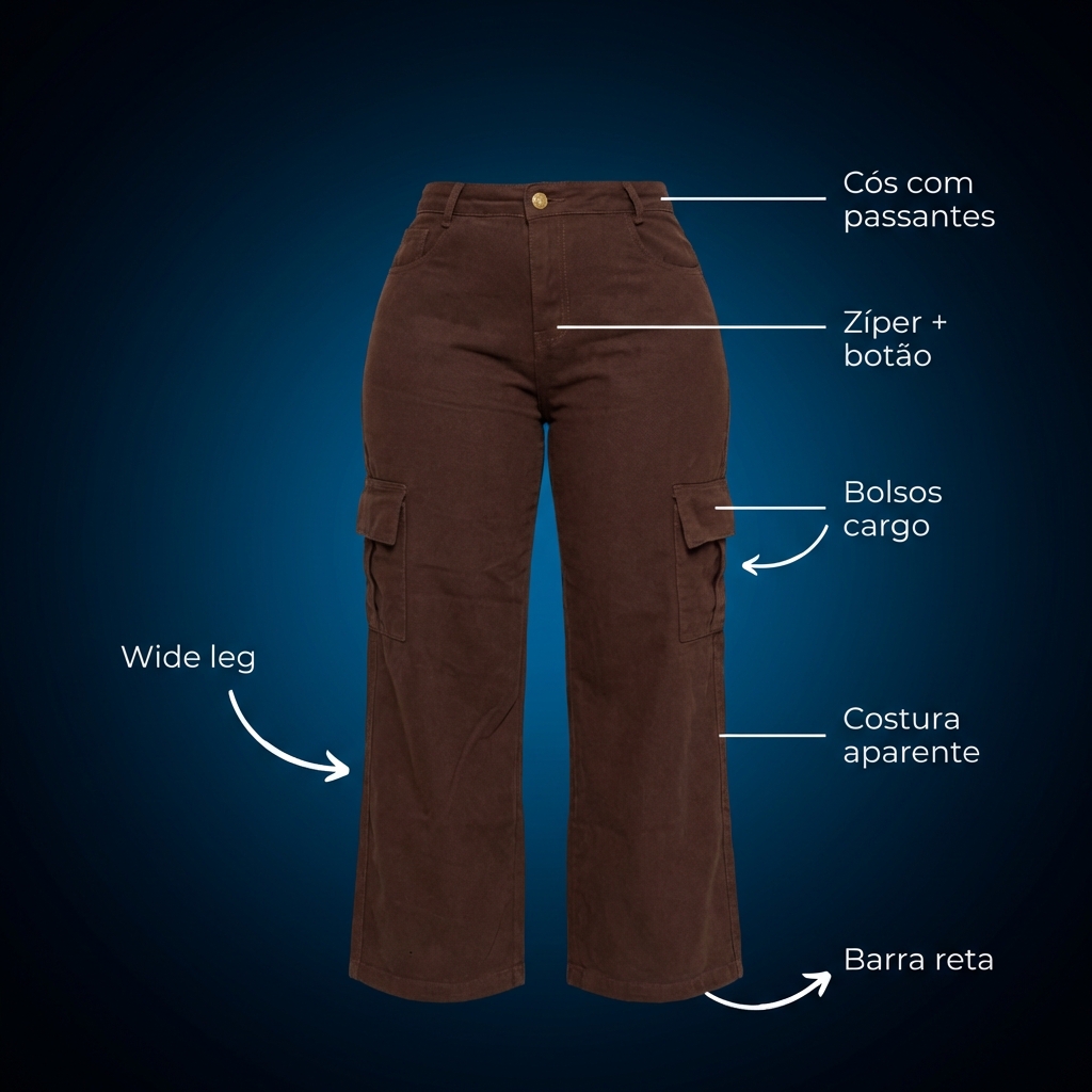 Calça Jeans Wide Leg Cargo Feminina Plus Size Marrom em Algodão Premium