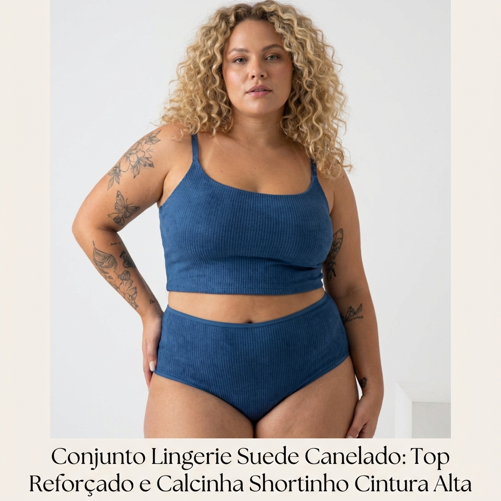 Conjunto Plus Size Top Alcinha Reforçado e Calcinha Cintura Alta Shortinho Lingerie Feminina