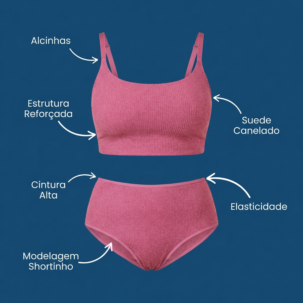 Conjunto Plus Size Top Alcinha Reforçado e Calcinha Cintura Alta Shortinho Lingerie Feminina