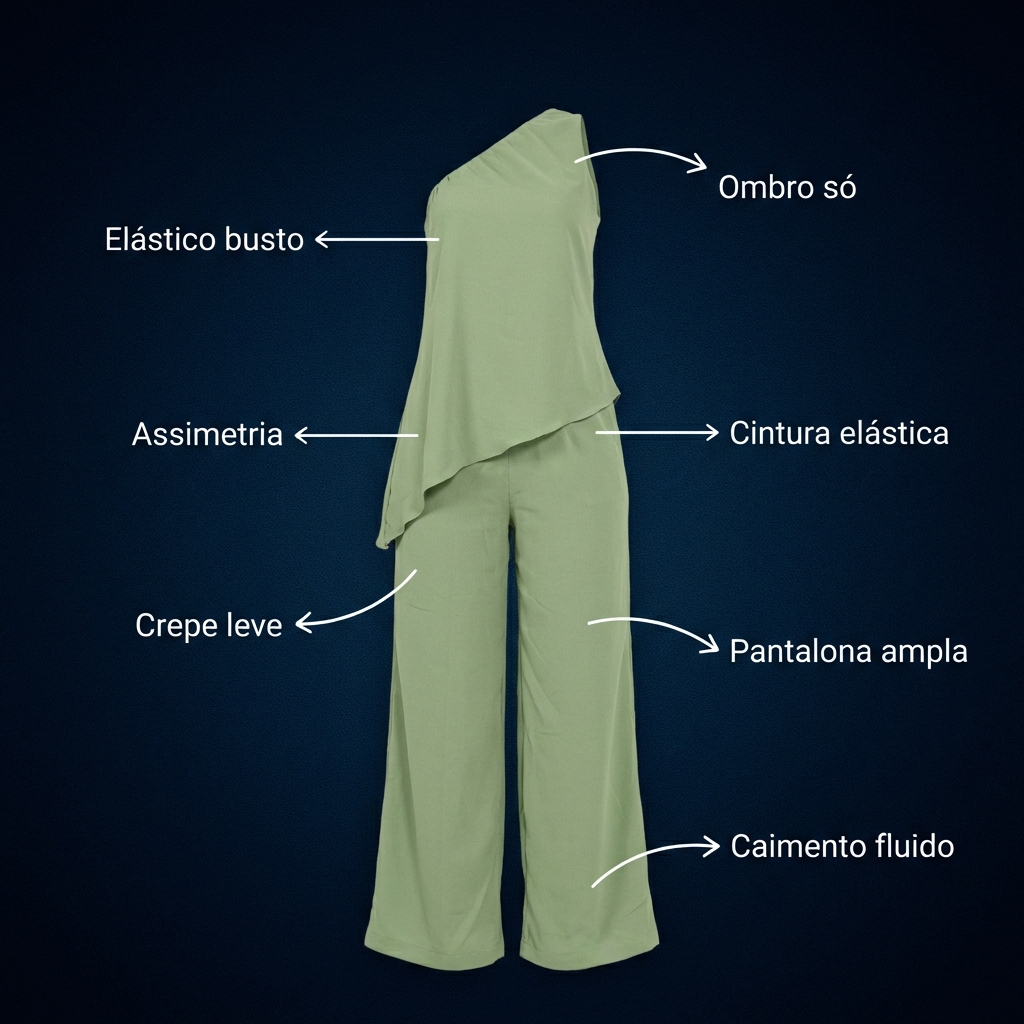 Conjunto Feminino em Crepe com Blusa Ombro Só Assimétrica e Calça Pantalona de Alfaiataria