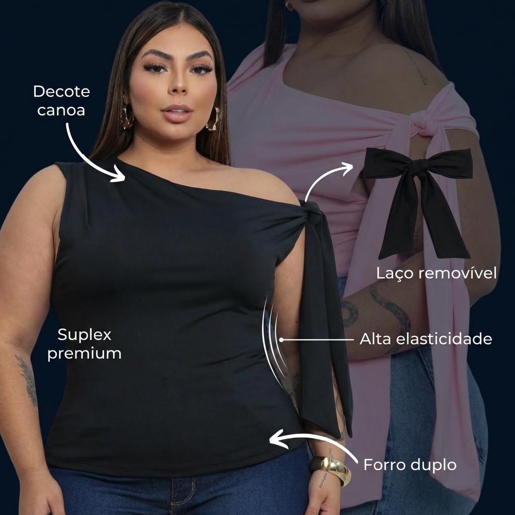 Kit 2 Blusas Femininas Plus Size em Suplex Premium com Decote Canoa e Laço Removível