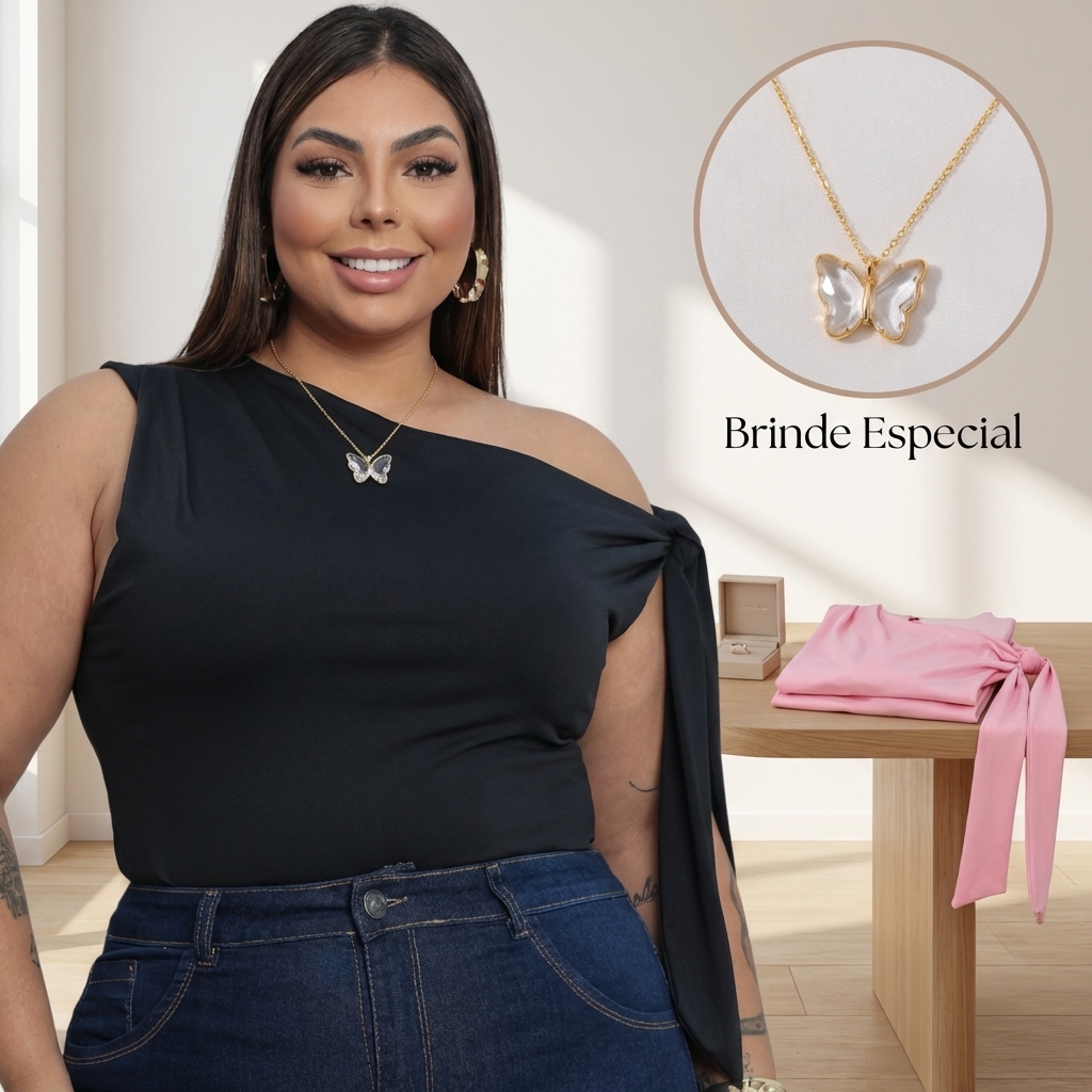 Kit 2 Blusas Femininas Plus Size em Suplex Premium com Decote Canoa e Laço Removível