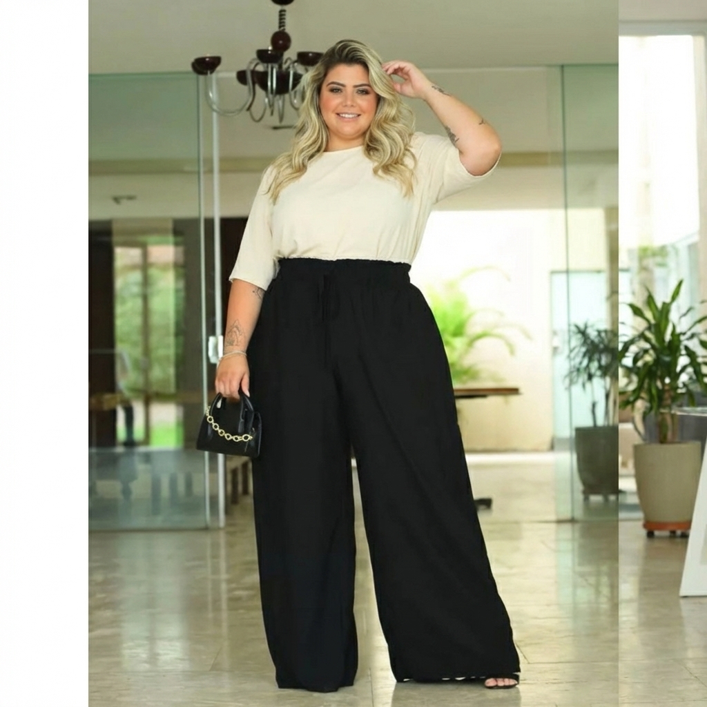Calça Pantalona Feminina Plus Size Cintura Elástica Serena