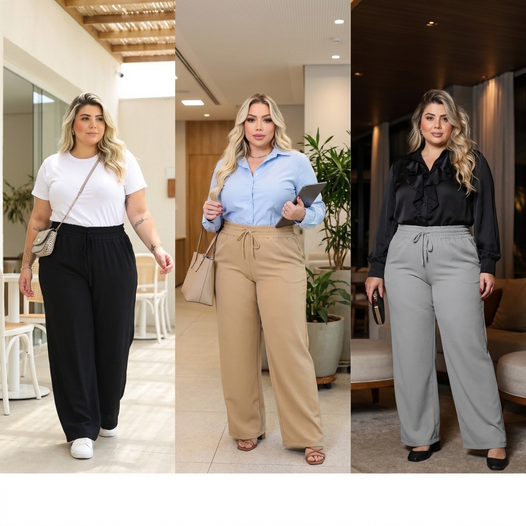 Calça Pantalona Feminina Plus Size Cintura Elástica Serena