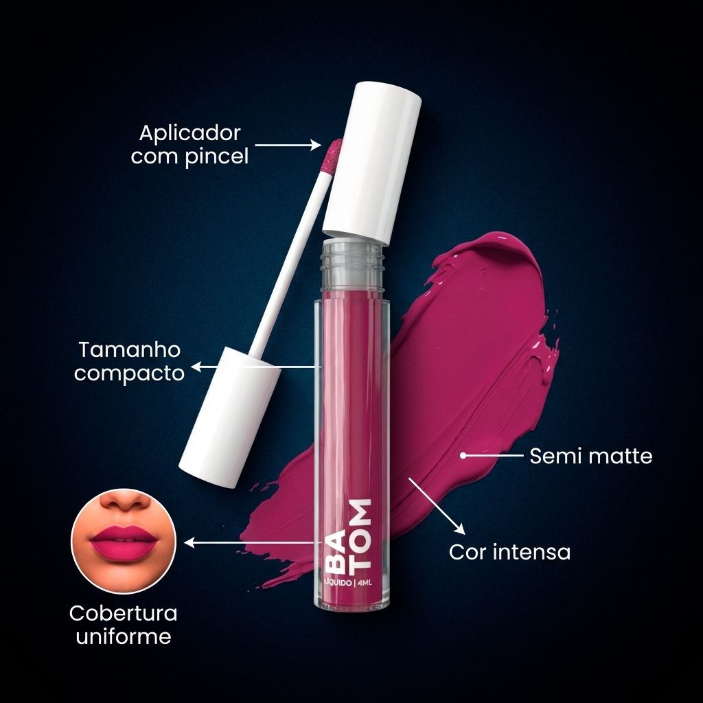 Batom Líquido Semi Matte Vegano Feminino de Longa Duração com Hidratação