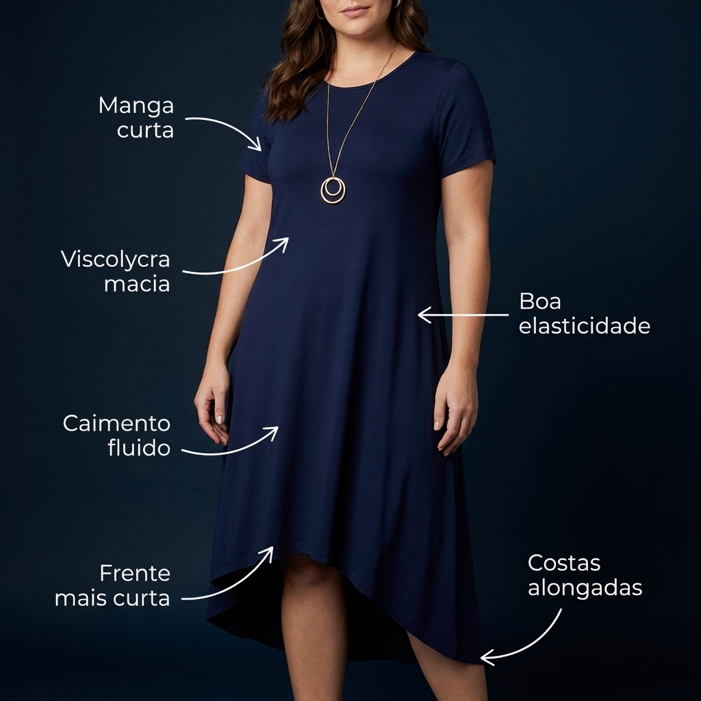 Vestido Mullet Feminino Plus Size em Viscolycra com Manga Curta