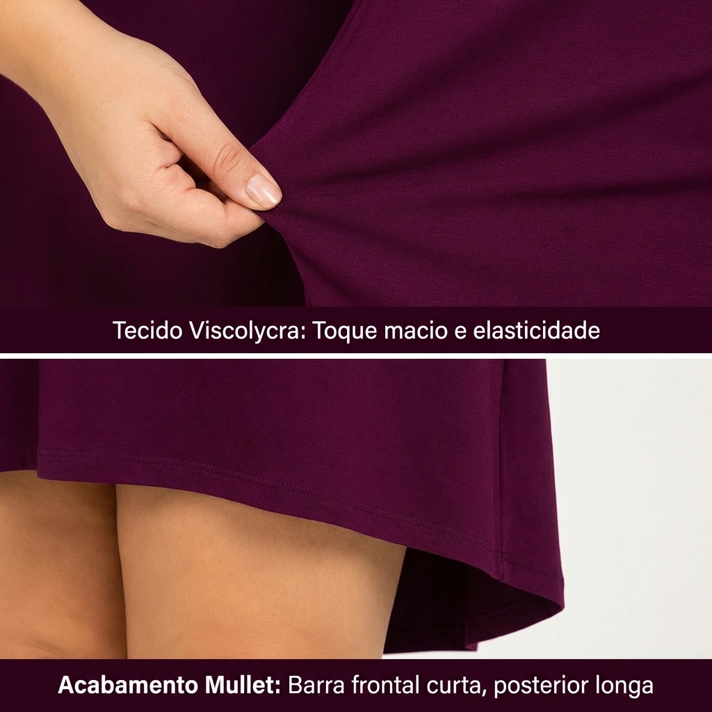 Vestido Mullet Feminino Plus Size em Viscolycra com Manga Curta