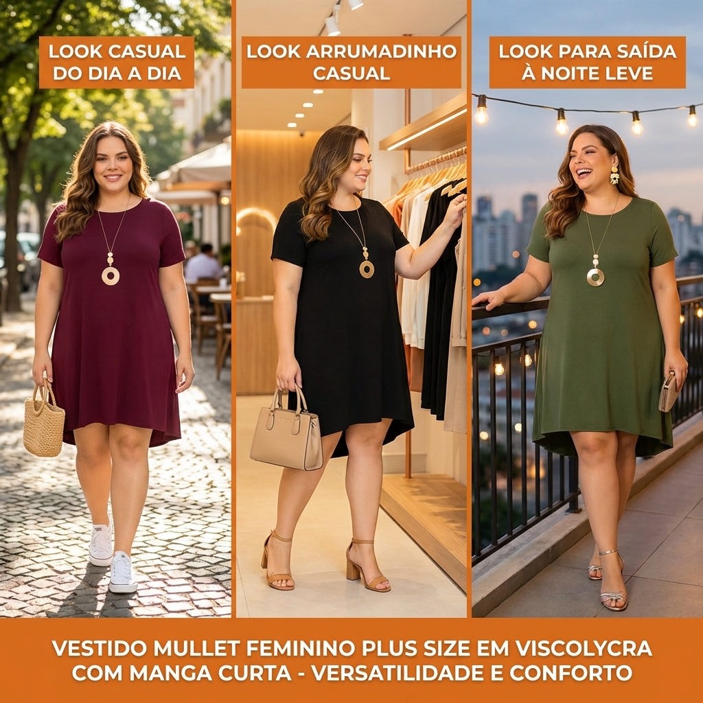 Vestido Mullet Feminino Plus Size em Viscolycra com Manga Curta